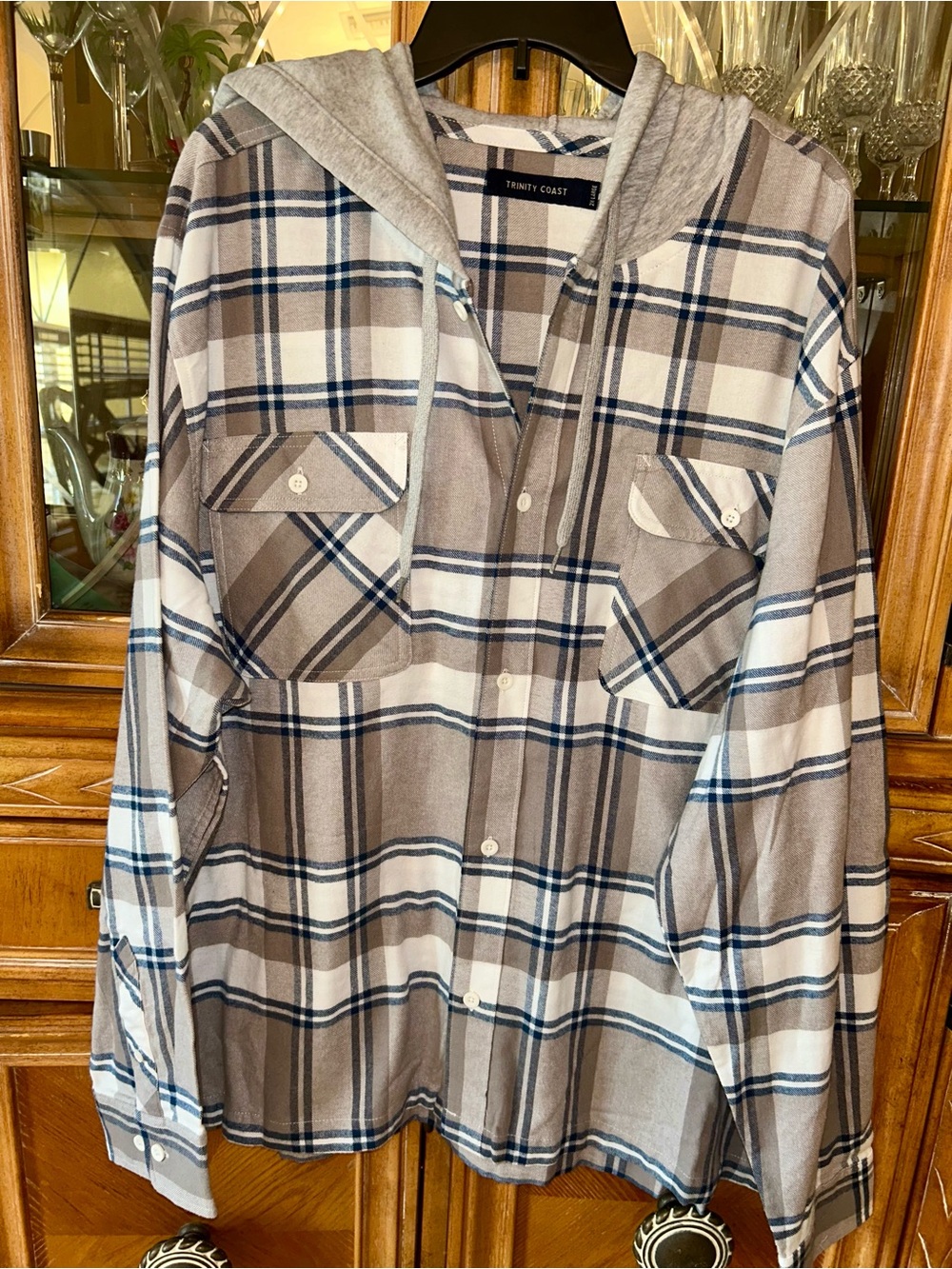 Trinity Plaid Hooded Button-Down Shirt - Taupe, Navy & White